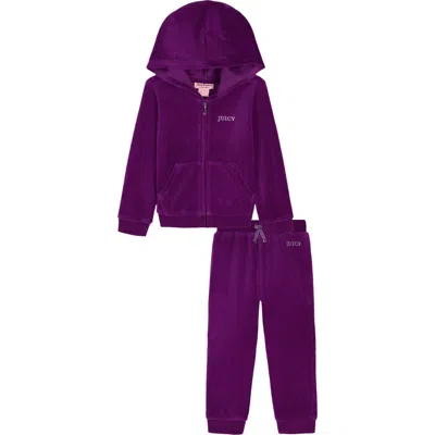 Juicy Couture Kids' Crystal Embellished Velour Zip-up Hoodie & Joggers Set In Purple