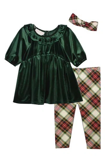 Bonnie Jean Velvet Dress, Plaid Leggings & Headband Set In Green