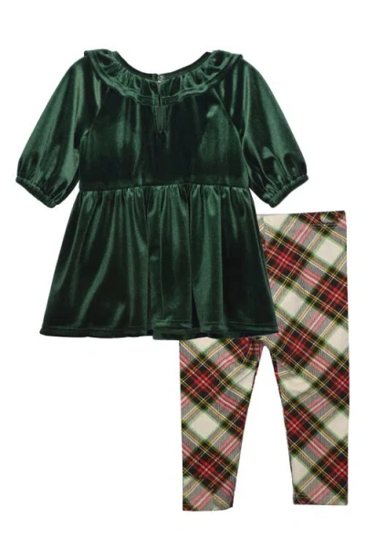 Bonnie Jean Velvet Dress, Plaid Leggings & Headband Set In Green