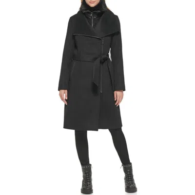 Karl Lagerfeld Asymmetric Wool Blend Coat With Removable Faux Shearling Bib In Black