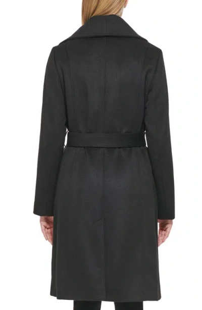 Karl Lagerfeld Asymmetric Wool Blend Coat With Removable Faux Shearling Bib In Black