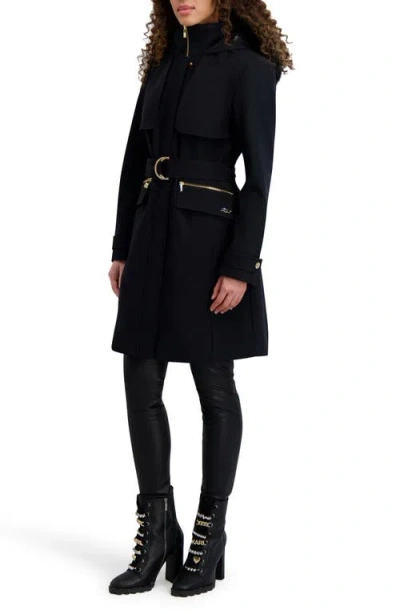 Karl Lagerfeld Water Resistant Soft Shell Coat With Removable Faux Fur Trim In Black