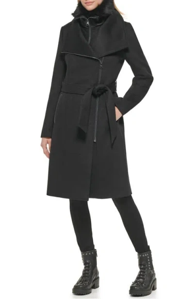Karl Lagerfeld Asymmetric Wool Blend Coat With Removable Faux Shearling Bib In Black