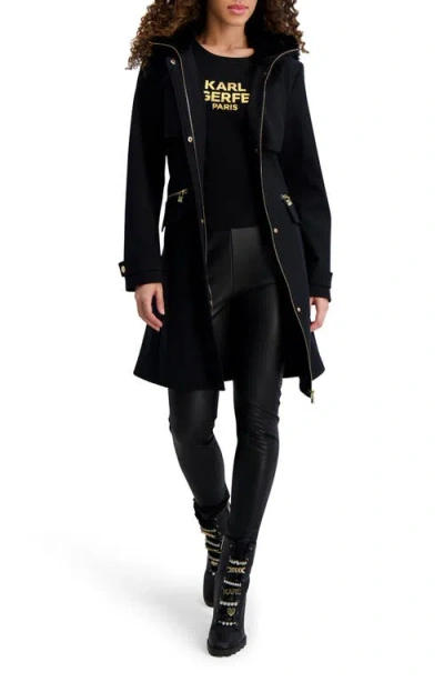 Karl Lagerfeld Water Resistant Soft Shell Coat With Removable Faux Fur Trim In Black