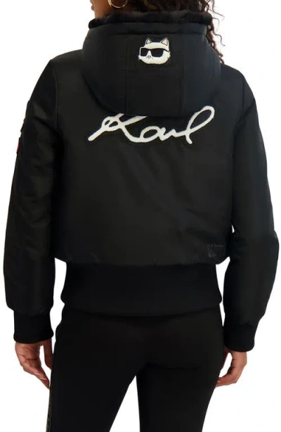 Karl Lagerfeld Cropped Patchwork Hooded Jacket With Faux Fur Trim In Black