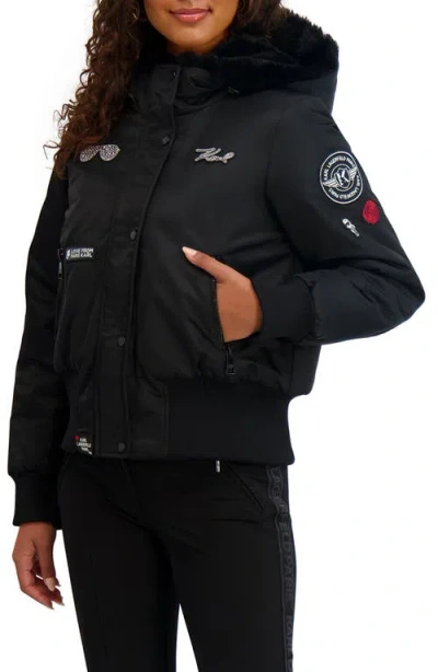 Karl Lagerfeld Cropped Patchwork Hooded Jacket With Faux Fur Trim In Black