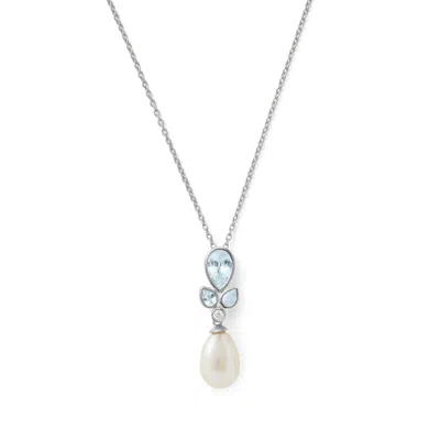 Aspinal Of London Floral Necklace With Aquamarine, Diamond & Pearl In Metallic