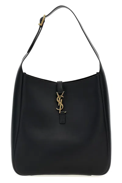 Saint Laurent Le 5a7 Large Ysl Shoulder Hobo Bag In Smooth Leather In Black