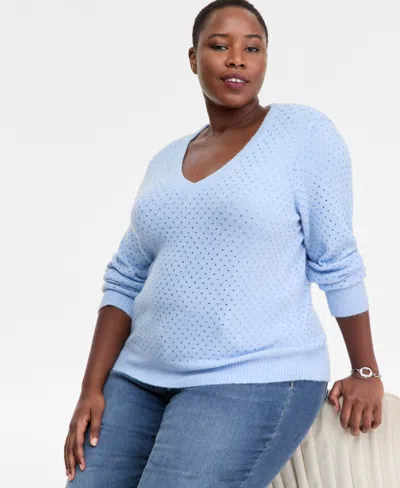 Inc International Concepts Plus Size Embellished V-neck Sweater, Macy's Exclusive In Blue