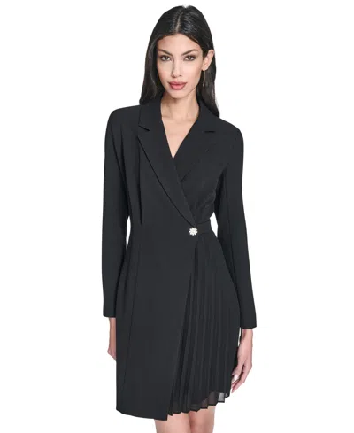 Vince Camuto Rhinestone Detail Long Sleeve Stretch Crepe Dress In Black