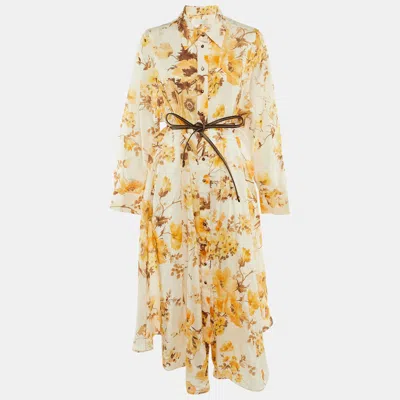 Pre-owned Zimmermann Beige Floral Print Ramie Ottie Tuck Midi Shirt Dress L In Sand