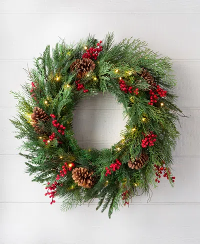 Balsam Hill 24" Outdoor Berry Pine Pre-lit Wreath In Green