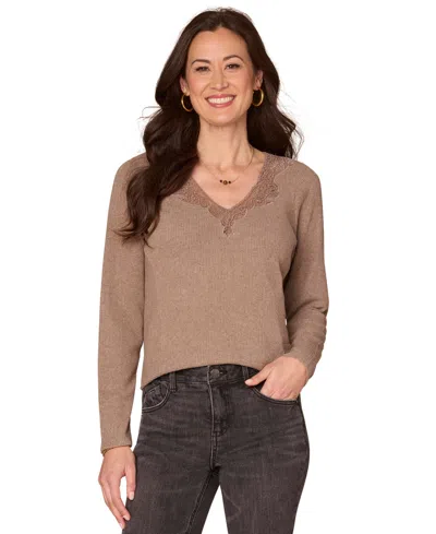 Democracy Women's Long Sleeve Crochet V-neck Top In Brown
