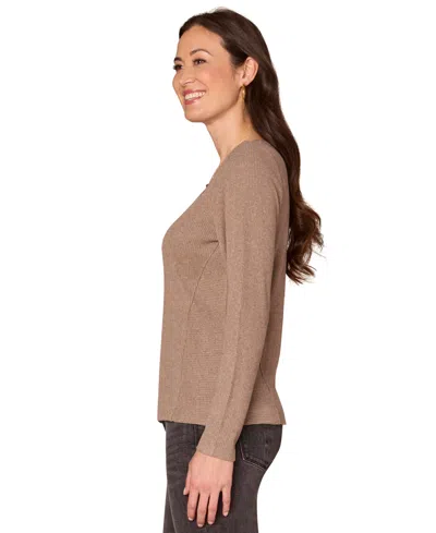 Democracy Women's Long Sleeve Crochet V-neck Top In Brown