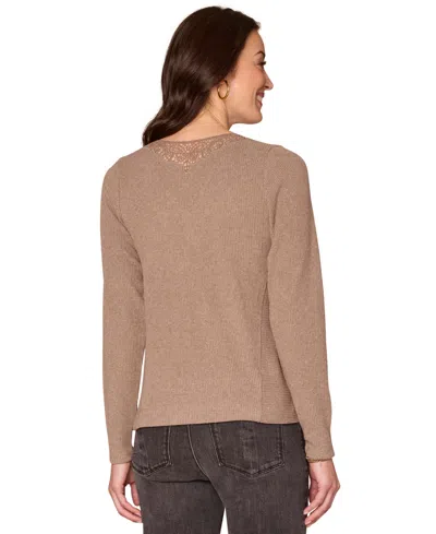 Democracy Women's Long Sleeve Crochet V-neck Top In Brown