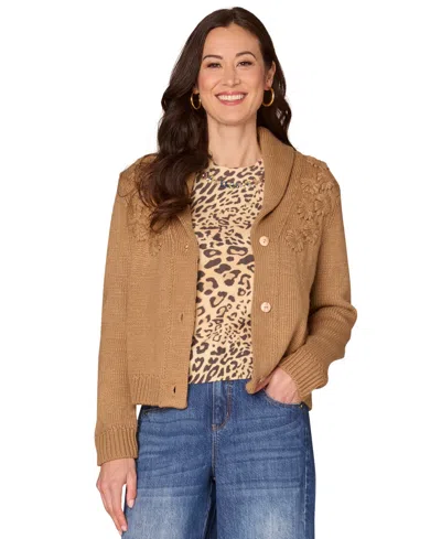 Democracy Women's Long Sleeve Shawl Collar Sweater In Brown