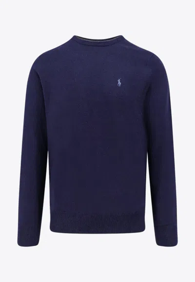 Polo Ralph Lauren Merino Wool Crew Neck Sweater With Embroidered Logo And Ribbed Detailing In Blue