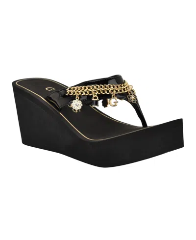 Guess Women's Sutton Charms Eva Thong Wedge Sandals In Black