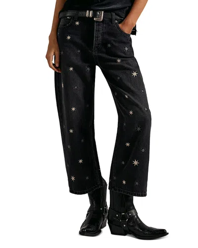 Free People Deep Trance Embroidered High Rise Jeans In Starry Night In Black