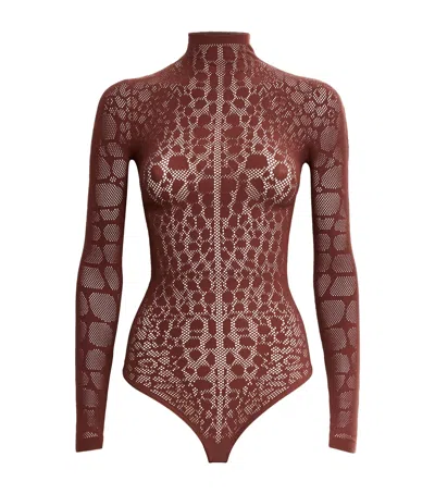 Wolford Reptile Net String Bodysuit In Burgundy