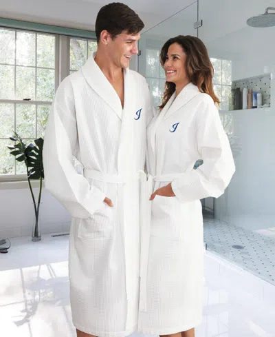 Linum Home Personalized Unisex Embroidered Turkish Cotton Waffle Weave Bathrobe In White