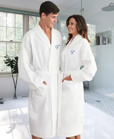 Linum Home Personalized Unisex Embroidered Turkish Cotton Waffle Weave Bathrobe In White