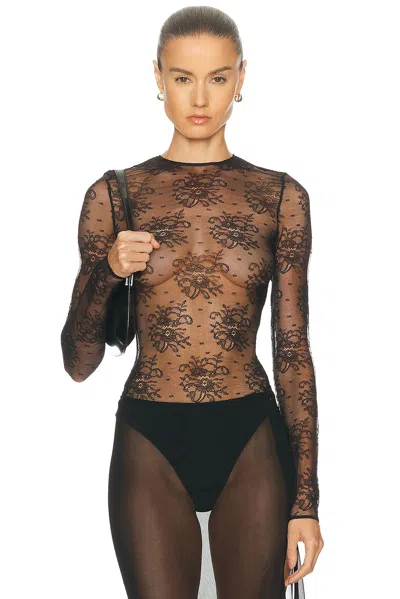 Dolce & Gabbana Women Black Bodysuit With All-over Floral Embroidery And Semi-sheer Design In Stretc In Animal Print