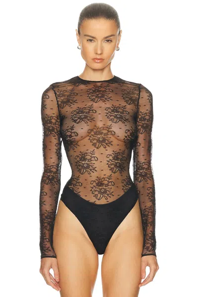 Dolce & Gabbana Women Black Bodysuit With All-over Floral Embroidery And Semi-sheer Design In Stretc In Animal Print