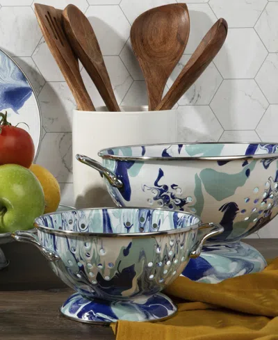 Golden Rabbit Lagoon Enameled Steel Medium Colander In Blue