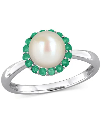 Macy's Cultured Freshwater Pearl (7-7.5mm) & Emerald (1/3 Ct. T.w.) Ring In Sterling Silver In Silver