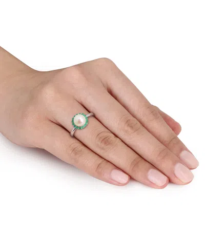 Macy's Cultured Freshwater Pearl (7-7.5mm) & Emerald (1/3 Ct. T.w.) Ring In Sterling Silver In Silver