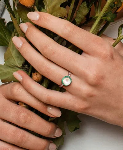Macy's Cultured Freshwater Pearl (7-7.5mm) & Emerald (1/3 Ct. T.w.) Ring In Sterling Silver In Silver