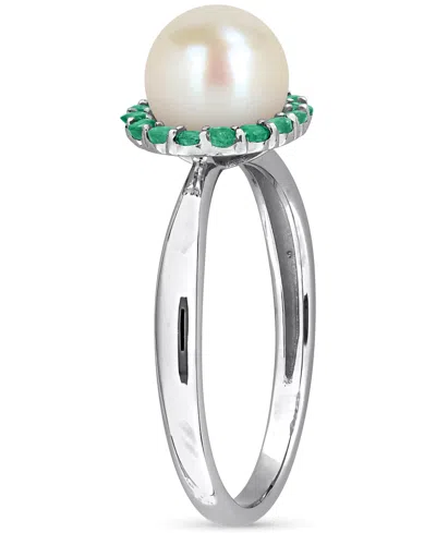 Macy's Cultured Freshwater Pearl (7-7.5mm) & Emerald (1/3 Ct. T.w.) Ring In Sterling Silver In Silver