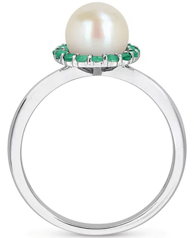 Macy's Cultured Freshwater Pearl (7-7.5mm) & Emerald (1/3 Ct. T.w.) Ring In Sterling Silver In Silver