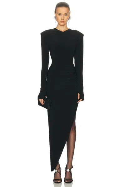 Norma Kamali Long Sleeve Shoulder Pad V Neck Side Drape Gown In Black