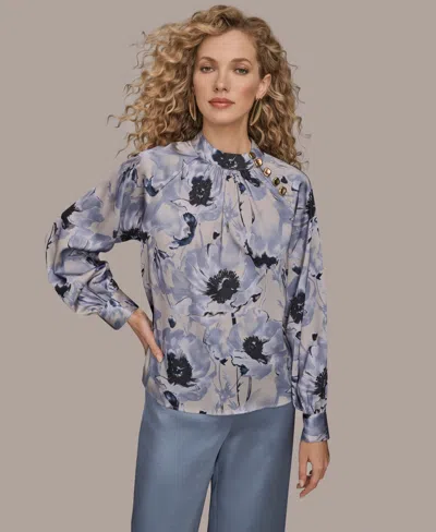 Donna Karan New York Floral Shoulder Button Long Sleeve Top In Gray