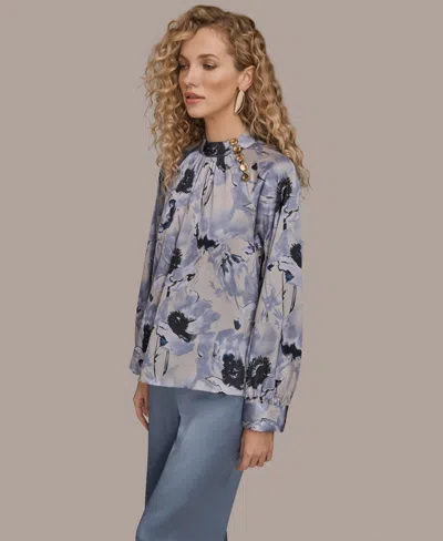 Donna Karan New York Floral Shoulder Button Long Sleeve Top In Gray