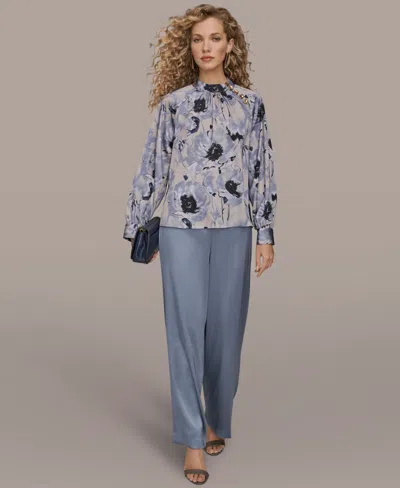 Donna Karan New York Floral Shoulder Button Long Sleeve Top In Gray