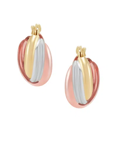 Macy's Small Oval Triple Crossover Tube Hoop Earrings In 10k Yellow, White And Rose Gold In Multi