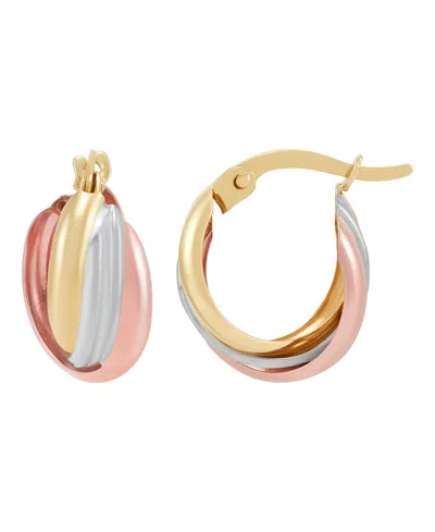 Macy's Small Oval Triple Crossover Tube Hoop Earrings In 10k Yellow, White And Rose Gold In Multi