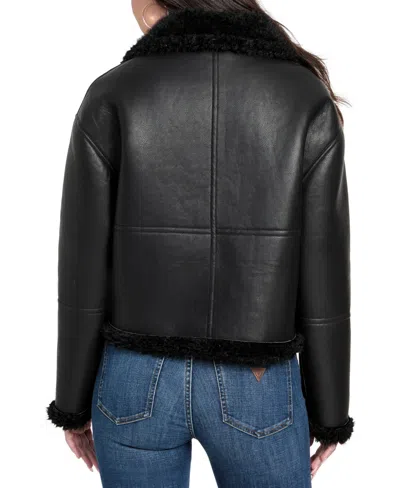 Guess Women's Stand-collar Faux-shearling Coat In Black