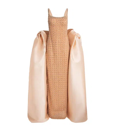 Pamella Roland Crystal Embroidered Tulle Column Gown In Brown