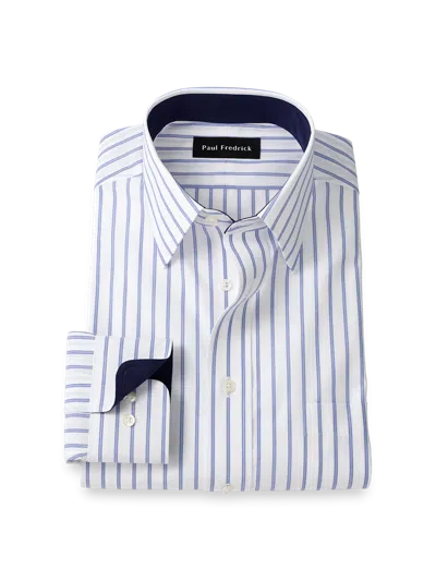 Paul Fredrick Tailored Fit Non-iron Cotton Stripe Dress Shirt With Contrast Trim In White