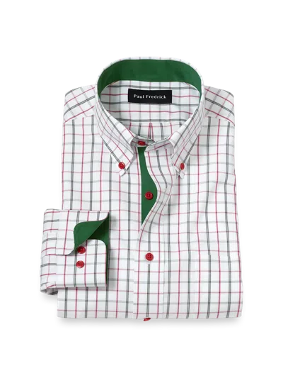 Paul Fredrick Tailored Fit Comfort Stretch Non-iron Windowpane Dress Shirt With Contrast Trim In White