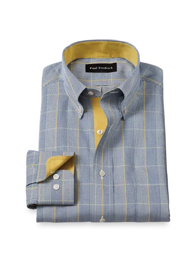 Paul Fredrick Tailored Fit Comfort Stretch Non-iron Plaid Dress Shirt With Contrast Trim In Blue