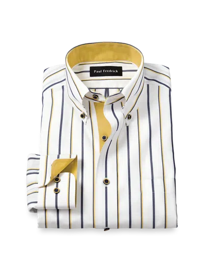 Paul Fredrick Tailored Fit Comfort Stretch Non-iron Stripe Dress Shirt With Contrast Trim In Yellow