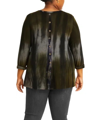 Coin 1804 Plus Size Tie Dye Cozy Button Back Top In Black