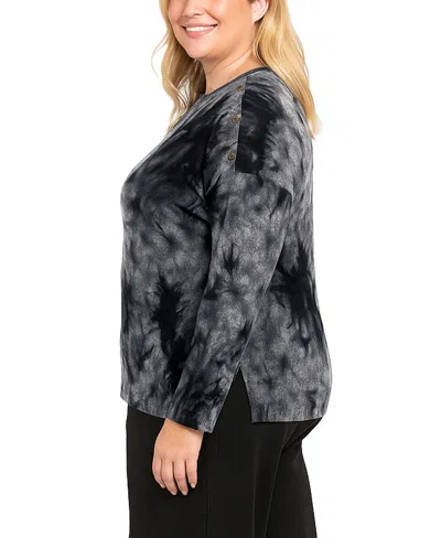 Coin 1804 Plus Size Tie Dye Cozy Button Shoulder Long Sleeve Top In Black