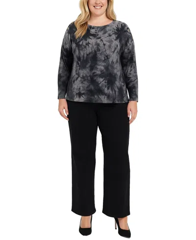 Coin 1804 Plus Size Tie Dye Cozy Button Shoulder Long Sleeve Top In Black