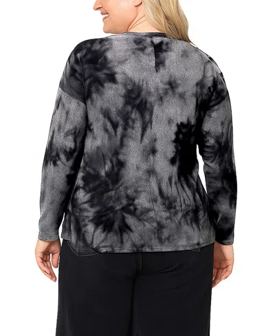 Coin 1804 Plus Size Tie Dye Cozy Button Shoulder Long Sleeve Top In Black